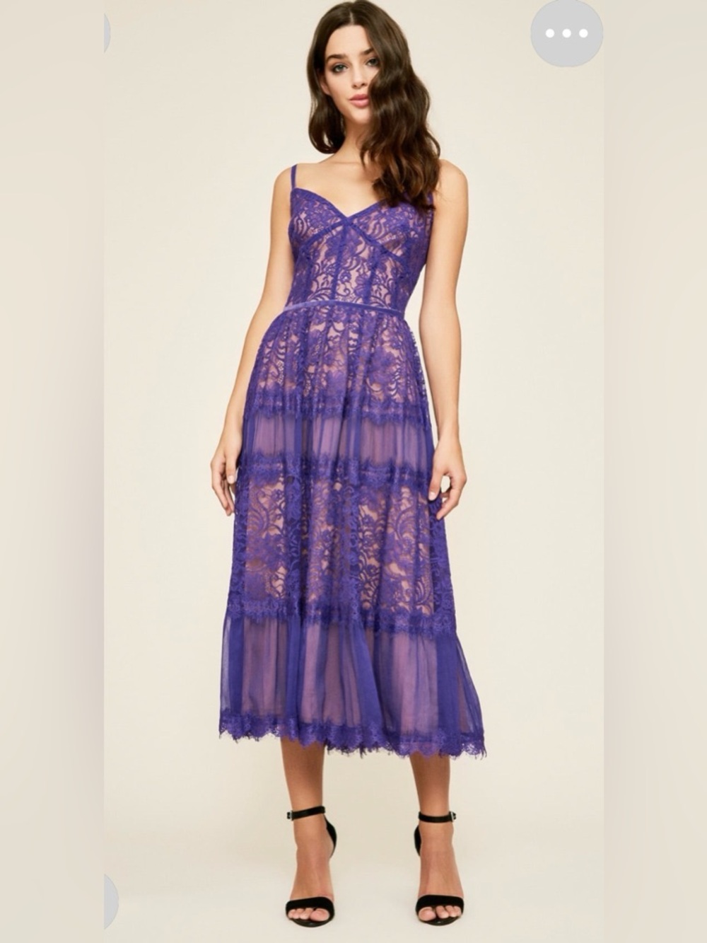 Tadashi Shoji Purple Lace Midi Dress with Spaghetti Straps
